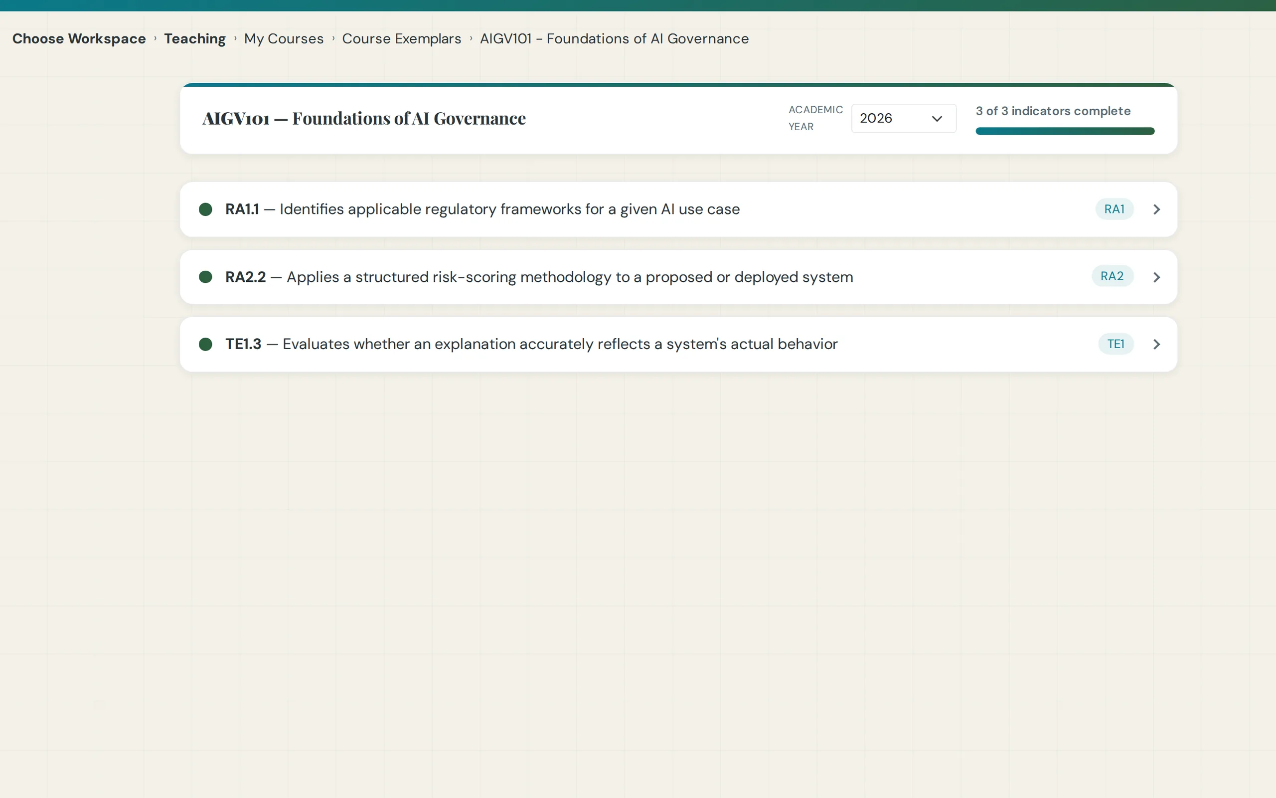 Course exemplar checklist showing which learning outcomes are complete