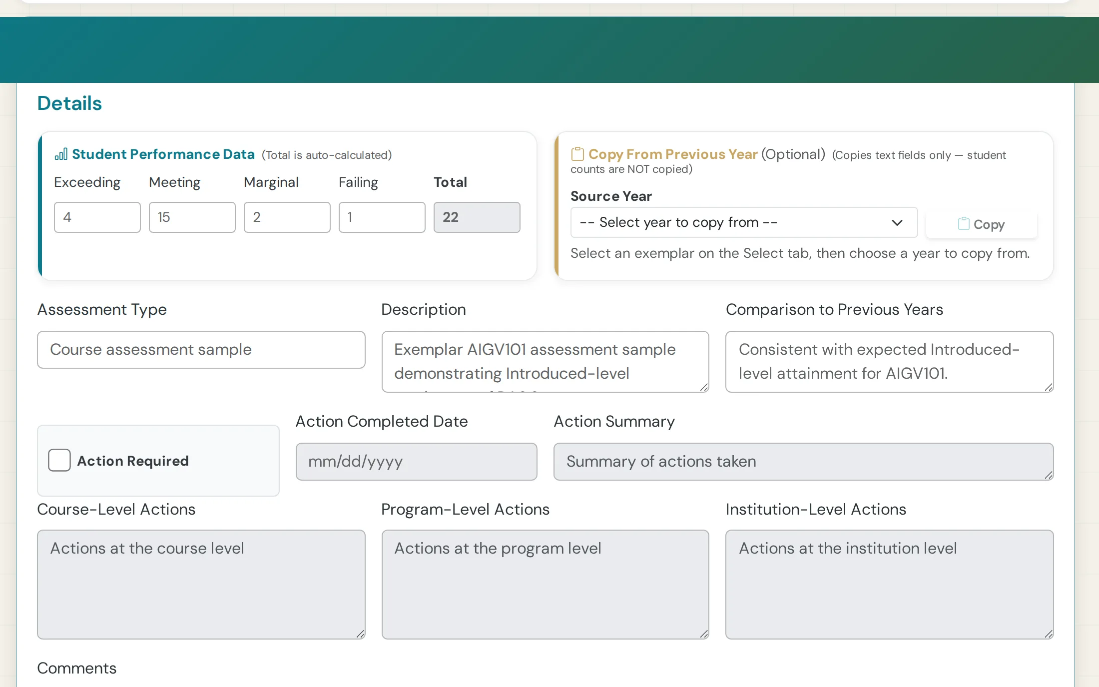 Exemplar details with performance data for one course learning outcome