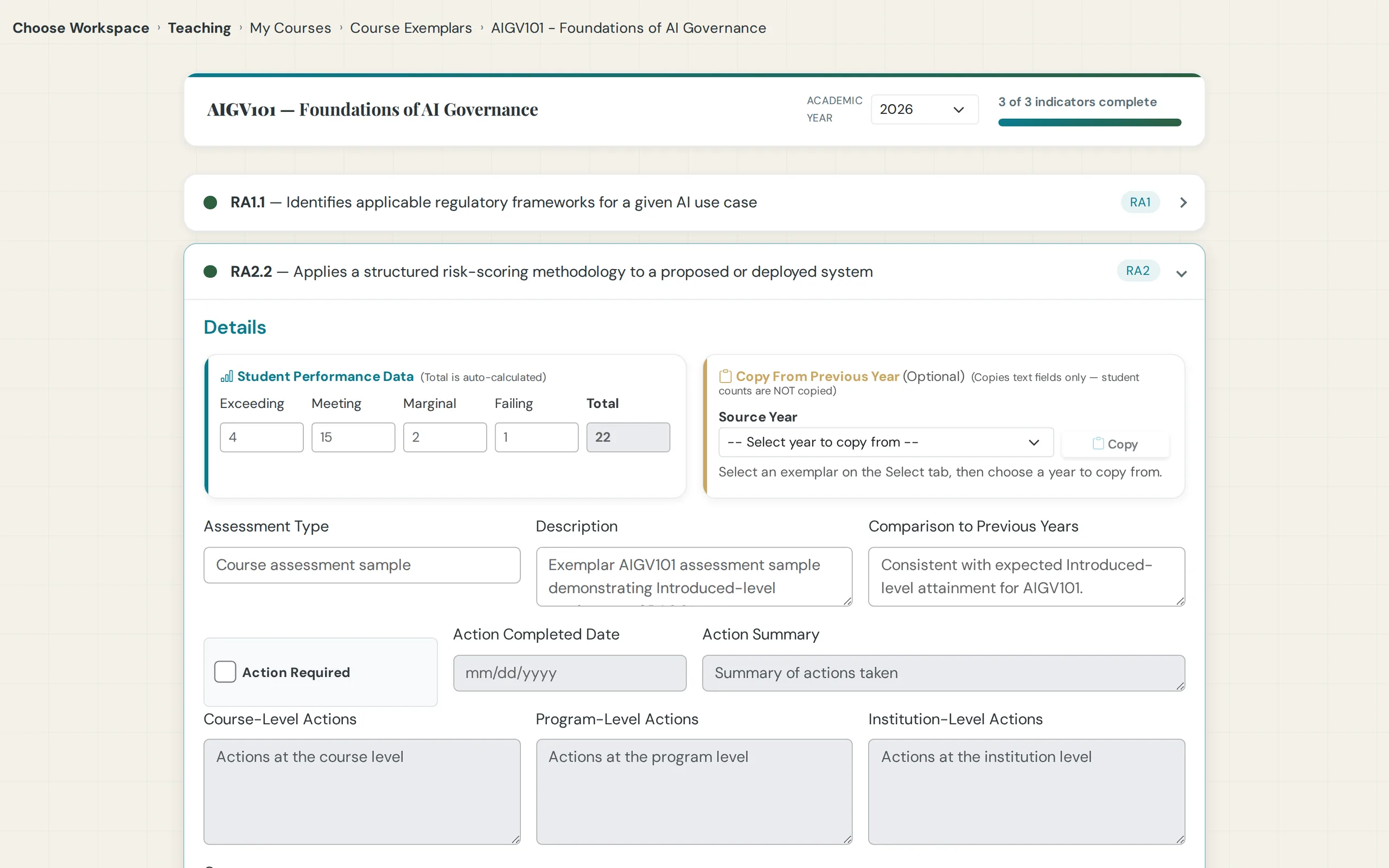 Course exemplar opened with its evidence filed against the course-learning outcome pairing