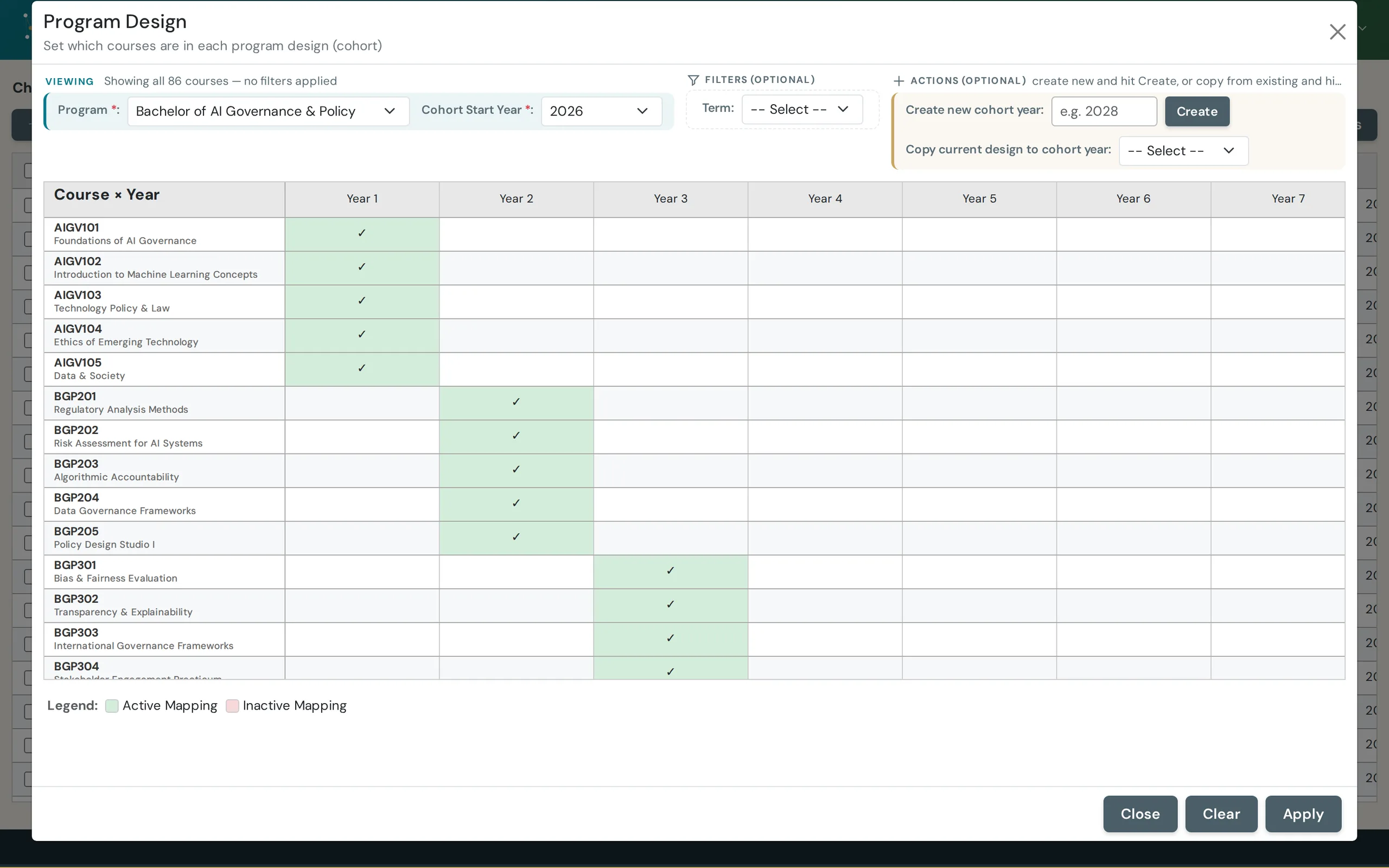 Junction editor mapping program courses to learning outcomes by cohort